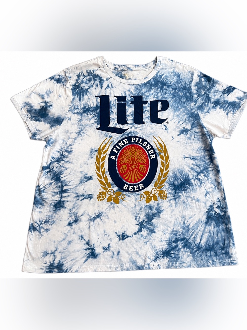 Miller Lite Tie Dye Graphic T Shirt Blue White Beer Logo Tee Adult XL